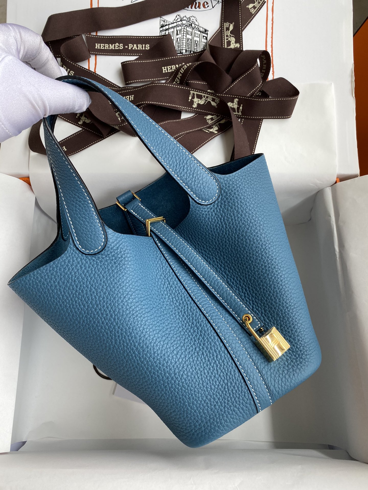 Hermes Picotin Lock 18 Bag In Blue Jean Clemence Leather